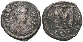 BYZANTINE COINS
ANASTASIUS I.(491-518).Constantinople.40 Nummi.
Obv : D N ANASTASIVS P P AVG. Diademed, draped and cuirassed bust right.
Rev : Larg...