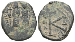 Byzantine
Justin II. 565-578. AE half follis . Struck over AISP 16 nummi of Justinian. Thessalonica mint, struck A.D. 569/70. D N IVSTINVS PP AV, Jus...