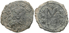 Byzantine Theophilus, 829-842. Follis (Bronze), Constantinopolis. ✱ΘЄOFIL bASIL' Half-length figure of Theophilus standing facing, wearing crown surmo...