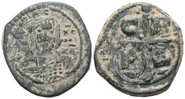 BYZANTINE Romanus IV, Diogenes AD 1068-1071. Constantinople Follis Æ . IC XC NI-KA, facing bust of Christ Pantokrator / C-R P-Δ, cross, with saltire c...