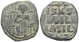 Byzantine Anonymous Folles, time of Constantine IX, circa 1042-1055. Follis (Bronze), Constantinopolis. Christ seated facing on square-backed throne. ...