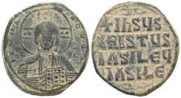 Byzantine Anonymous, time of Basil II & Constantine VIII, circa 970-1025. Follis (Bronze), Class A2, Constantinople. +EMMANOVHΛ / IC - XC Bust of Chri...