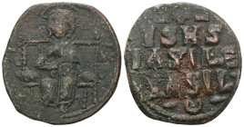 Byzantine Anonymous Folles, time of Constantine IX, circa 1042-1055. Follis (Bronze), Constantinopolis. Christ seated facing on square-backed throne. ...