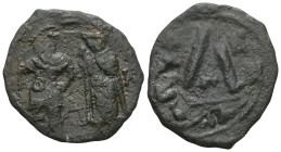 Heraclius. Æ 3/4 Follis , 610-641. Thessalonica, RY 20 (629/30). Heraclius, on left, and Heraclius Constantine, on right, standing facing, the former ...