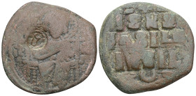 COUNTERMARKED COPPER: AE follis , Anonymous, time of Constantine IX, circa 1042-1055.Rev. -+-/ IS XS/ ЬASILE / ЬASIL/ - (crescent) - in five lines. DO...