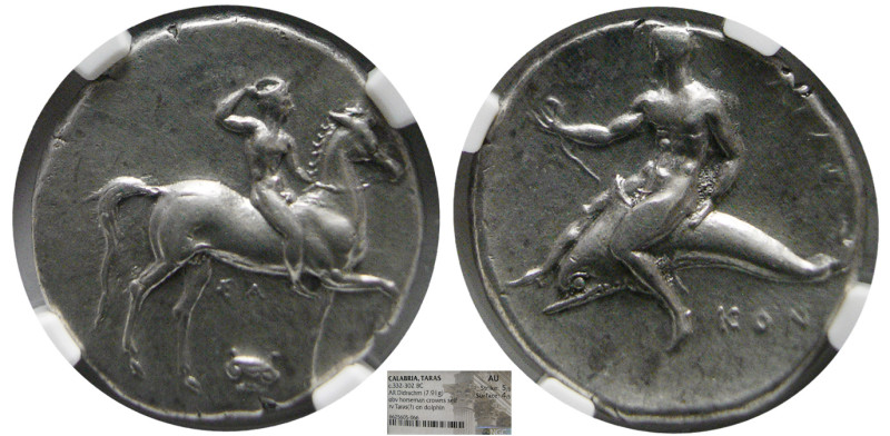 CALABRIA, Taras. Circa 332-302 BC. AR Didrachm (7.91 gm; 23 mm). NGC-AU. Nude ho...