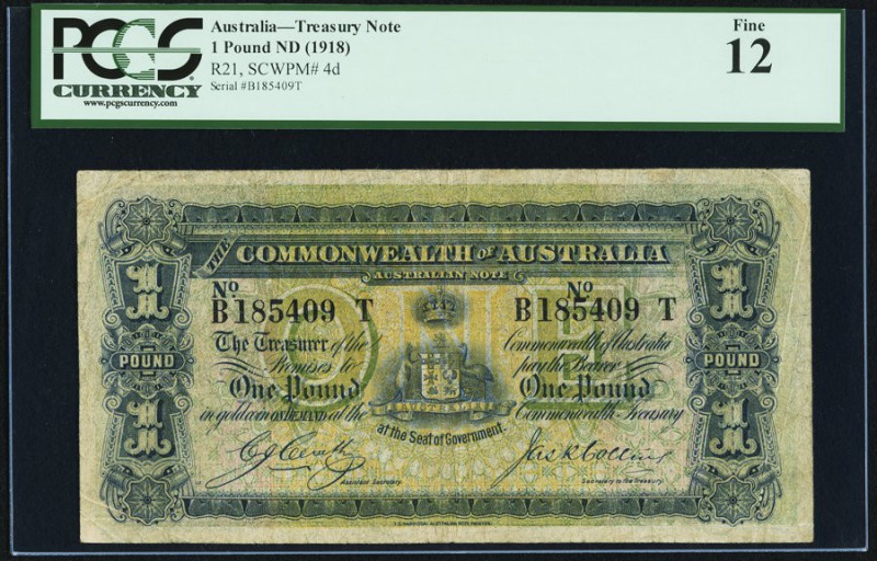 Australia Commonwealth of Australia 1 Pound ND (1918) Pick 4d PCGS Fine 12. A pl...