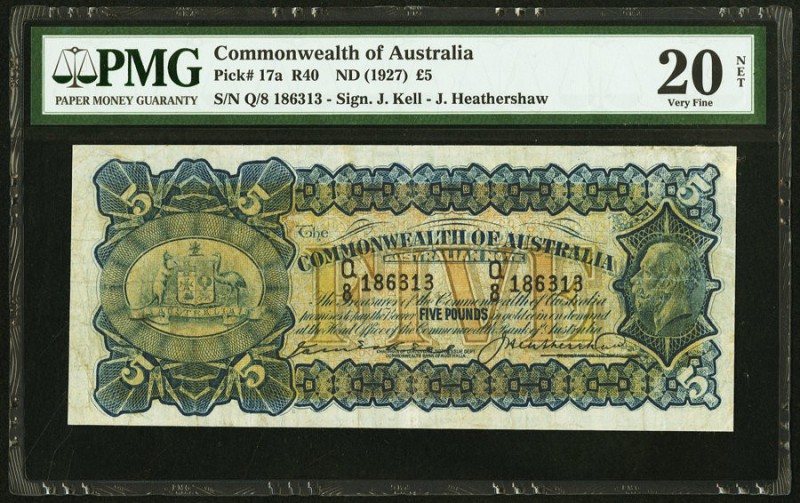Australia Commonwealth Bank of Australia 5 Pounds ND (1927) Pick 17a PMG Very Fi...