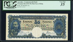 Australia Commonwealth Bank of Australia 5 Pounds ND (1933-39) Pick 23a PCGS Very Fine 35. A handsome and original example of this higher denomination...