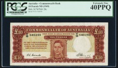 Australia Commonwealth Bank of Australia 10 Pounds ND (1949) Pick 28c PCGS Extremely Fine 40PPQ. A handsome example of this highest denomination issue...