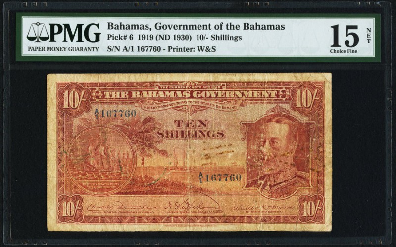 Bahamas Bahamas Government 10 Shillings 1919 (ND 1930) Pick 6 PMG Choice Fine 15...