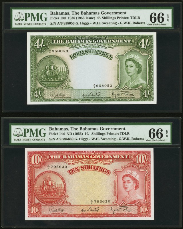 Bahamas Bahamas Government 4; 10 Shillings L. 1936 (1953) Pick 13d; 14d PMG Gem ...