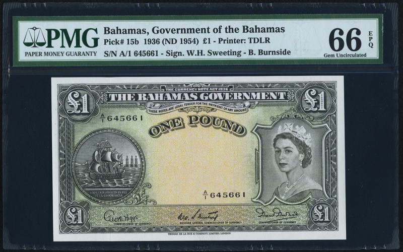 Bahamas Bahamas Government 1 Pound ND (1954) Pick 15b PMG Gem Uncirculated 66 EP...