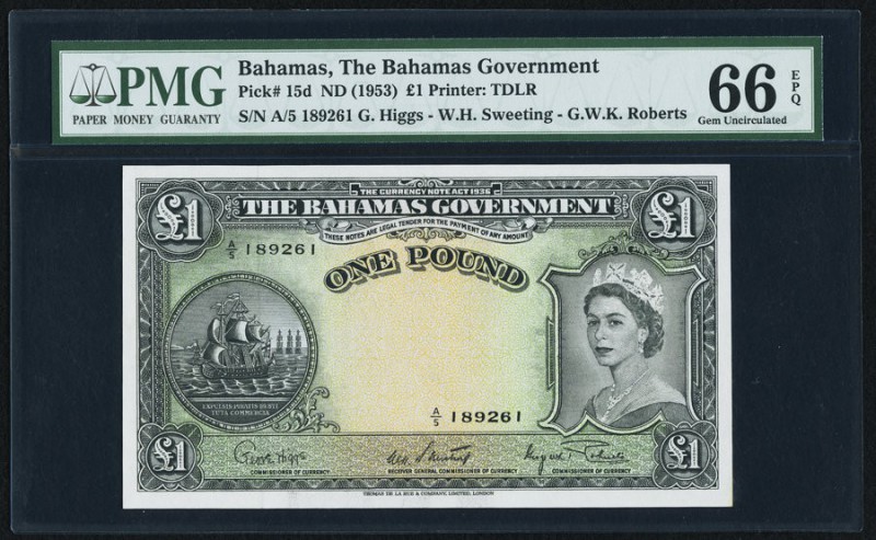 Bahamas Bahamas Government 1 Pound ND (1963) Pick 15d PMG Gem Uncirculated 66 EP...