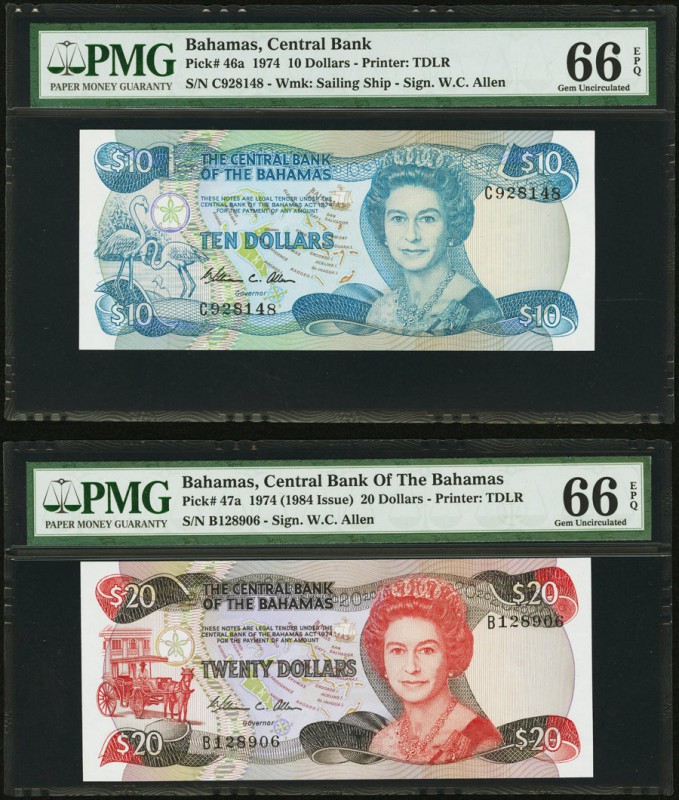 Bahamas Central Bank of the Bahamas 10; 20 Dollars L. 1974 (1984) Pick 46a; 47a ...