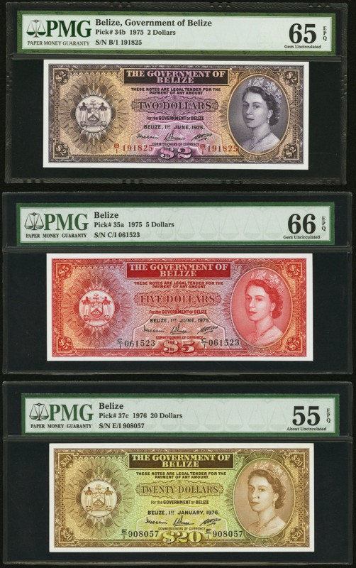 Belize Government of Belize 2; 5 Dollars 1.6.1975 Pick 34b; 35a PMG Graded Gem U...