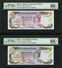 Belize Monetary Authority of Belize 10 Dollars 1.6.1980 Pick 40a; Central Bank of Belize 10 Dollars 1.7.1983 Pick 44a PMG Gem Uncirculated 66 EPQ (2)....