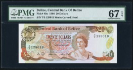 Belize Central Bank of Belize 20 Dollars 1.1.1986 Pick 49a PMG Superb Gem Unc 67 EPQ. Beautifully inked and evenly centered, this handsome original ea...