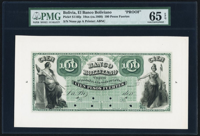 Bolivia Banco Boliviano 100 Pesos Fuertes 18_ (ca. 1868) Pick S116fp Face Proof ...