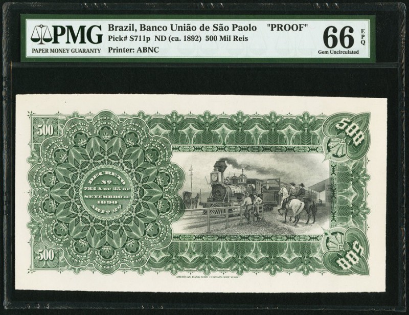 Brazil Banco Uniao de Sao Paulo 500 Mil Reis ND (ca. 1892) Pick S711p Back Proof...