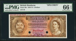 British Honduras Government of British Honduras 2 Dollars ND (1953-73) Pick 29s Color Trial Specimen PMG Gem Uncirculated 66 EPQ. A pleasing Color Tri...