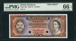British Honduras Government of British Honduras 5 Dollars ND (1953-73) Pick 30s Specimen PMG Gem Uncirculated 66 EPQ. With brown hues complementing th...