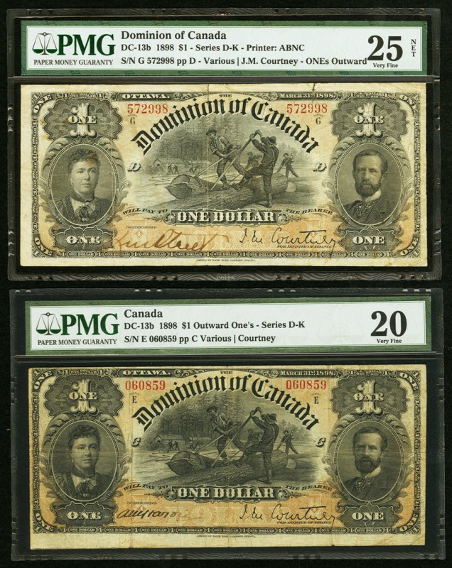 DC-13b $1 1898 Two Examples PMG Very Fine 20; PMG Very Fine 25 Net. A moderately...