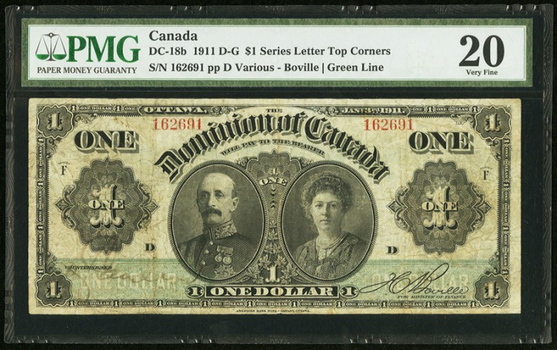 DC-18b $1 1911 PMG Very Fine 20. This earlier green-line variety featuring Lord ...