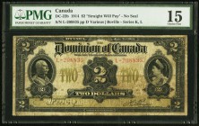 DC-22b $2 1914 PMG Choice Fine 15. An evenly circulated example of this scarcer variety that has the Boville signature, no seal, and the straight "Wil...