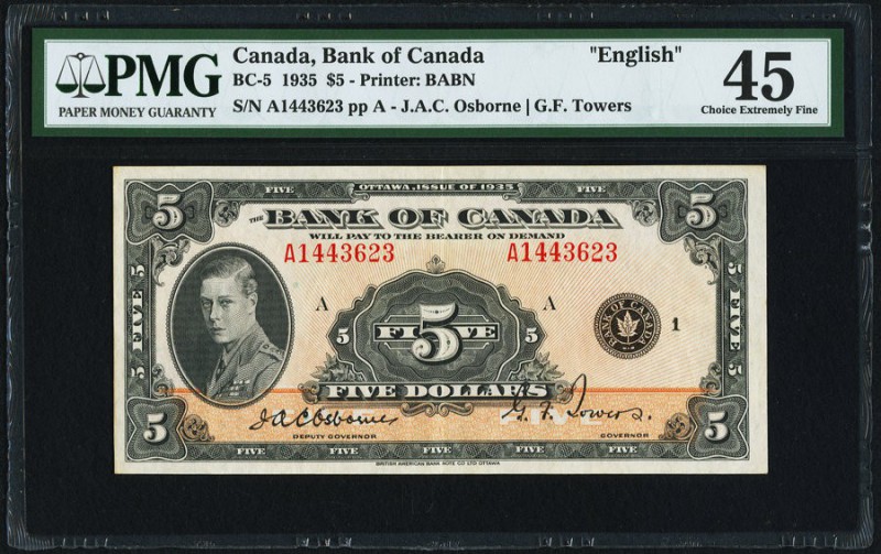 BC-5 $5 1935 English Text PMG Choice Extremely Fine 45. Lightly circulated, bold...