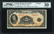 BC-6 $5 1935 PMG Very Fine 30. A handsome, lightly circulated example of this French Text variety. Of the 9,140,000 5 Dollar notes printed in 1935, on...