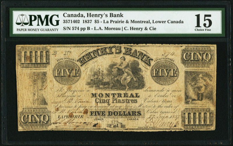 La Prairie, LC- Henry's Bank $5 27.6.1837 Ch.# 357-14-02 PMG Choice Fine 15. Thi...