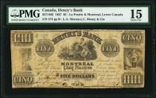 La Prairie, LC- Henry's Bank $5 27.6.1837 Ch.# 357-14-02 PMG Choice Fine 15. This short-lived bank was established in Montreal in 1837. It lasted for ...