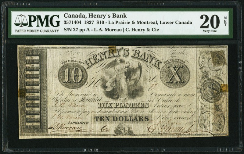 La Prairie, LC- Henry's Bank $10 27.6.1837 Ch.# 357-14-04 PMG Very Fine 20 Net. ...
