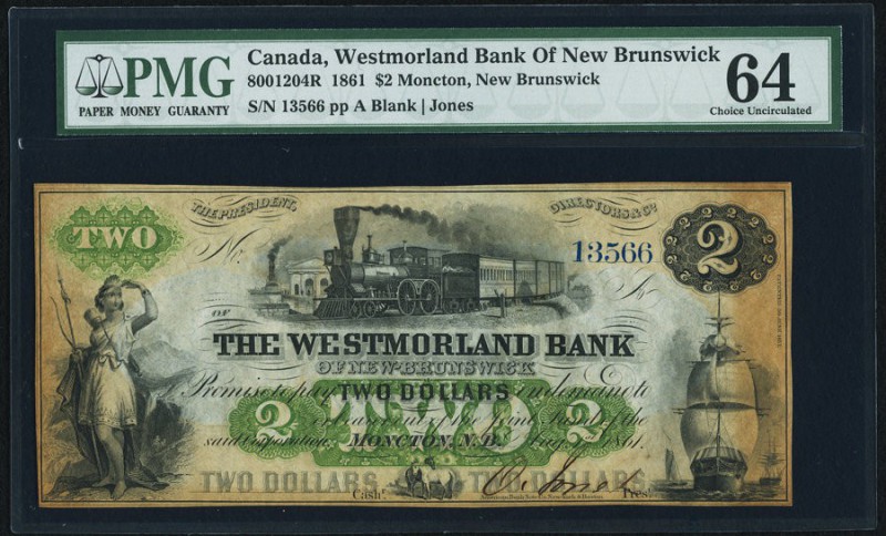 Moncton, NB- Westmorland Bank of New Brunswick $2 1.8.1861 Ch.# 800-12-04R Remai...