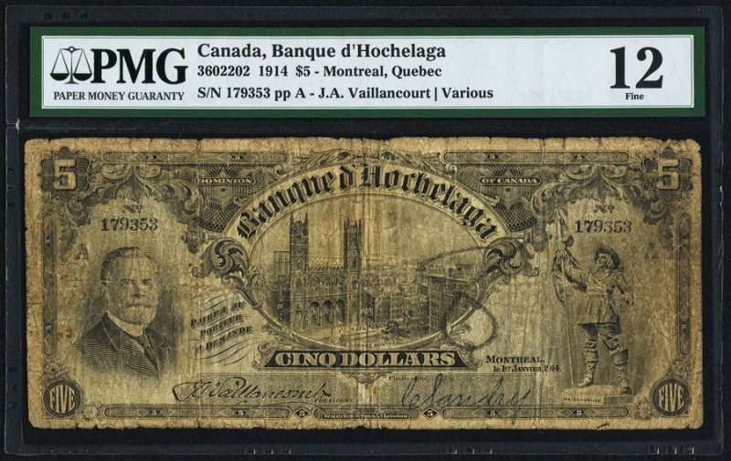 Montreal, PQ- Banque d'Hochelaga $5 1.1.1914 Ch.# 360-22-02 PMG Fine 12. A very ...