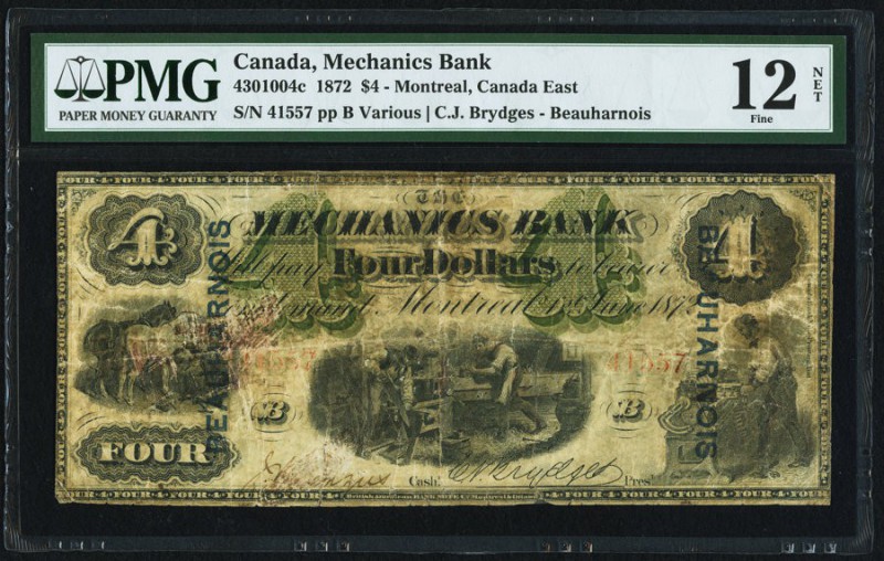 Montreal, PQ- Mechanics Bank $4 1.6.1872 Ch.# 430-10-04c PMG Fine 12 Net. An int...