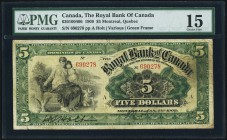 Montreal, PQ- Royal Bank of Canada $5 2.1.1909 Ch.# 630-10-04-06 PMG Choice Fine 15. A rare note in any grade, and seldom offered. Some minor splits a...