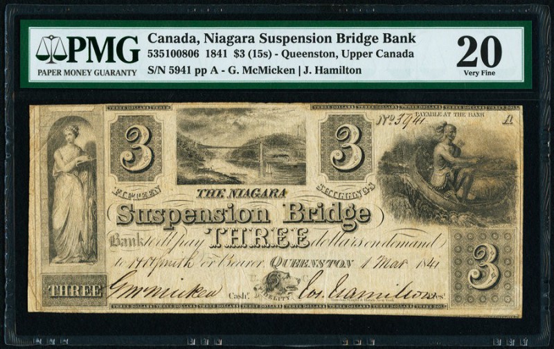 Queenston, UC- Niagara Suspension Bridge Bank $3 1.3.1841 Ch.# 535-10-08-06 PMG ...