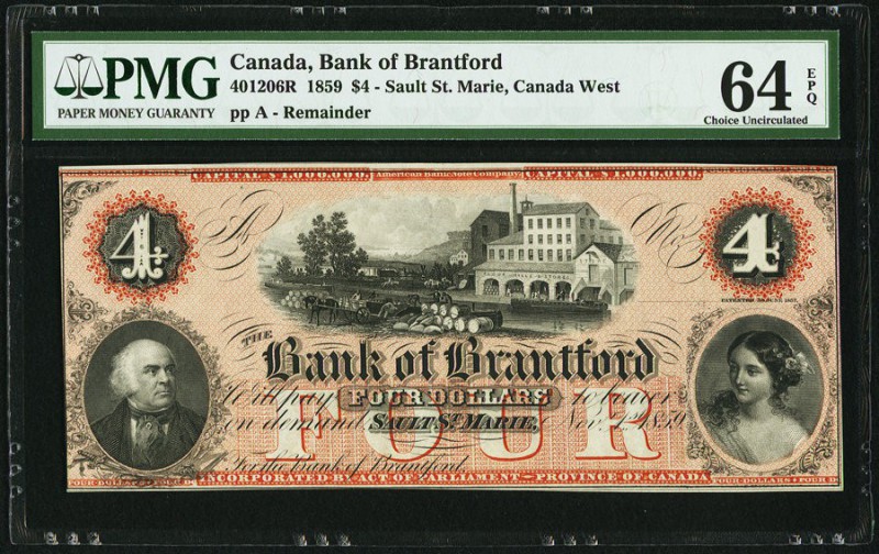 Sault St. Marie, ON- Bank of Brantford $4 1.11.1859 Ch.# 40-12-06R Remainder PMG...