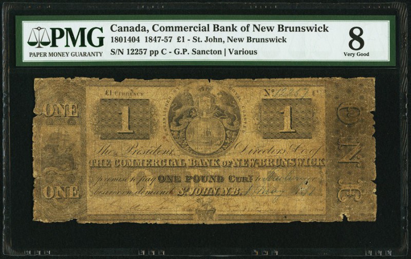 St. John, NB- Commerical Bank of New Brunswick 1 Pound 1.5.1857 Ch.# 180-14-04 P...