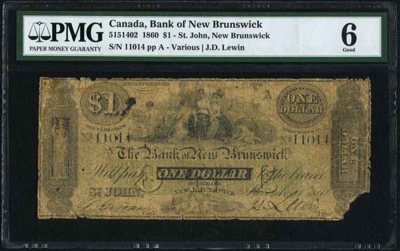 St. John, NB- Bank of New Brunswick $1 1.11.1860 Ch.# 515-14-02 PMG Good 6. A ra...