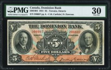 Toronto, ON- Dominion Bank $5 1.2.1931 Ch.# 220-24-04 PMG Very Fine 30. A handsome, original example of this larger format issue, with a detailed map ...
