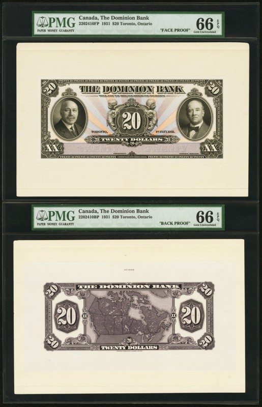 Toronto, ON- Dominion Bank $20 1931 Ch.# 220-24-10fp; bp Face and Back Proofs PM...