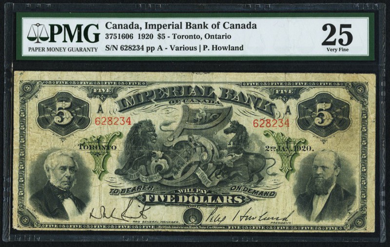 Toronto, ON- Imperial Bank of Canada $5 2.1.1920 Ch.# 375-16-06 PMG Very Fine 25...