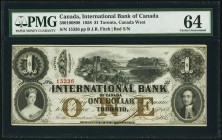 Toronto, ON- International Bank of Canada $1 15.9.1858 Ch.# 380-10-08-08 PMG Choice Uncirculated 64. A pleasing and choice example of this beautiful Q...