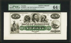 Yarmouth, NS- Bank of Yarmouth $20 1.12.186_ Ch.# 810-10-02P Face Proof PMG Choice Uncirculated 64 EPQ. An attractive Face Proof from this obscure ban...