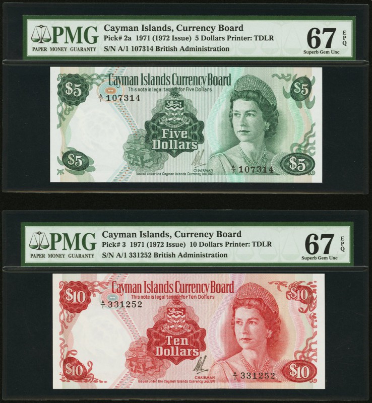 Cayman Islands Currency Board 5; 10 Dollars L. 1971 (1972) Pick 2a; 3 PMG Superb...