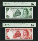 Cayman Islands Currency Board 5; 10 Dollars L. 1971 (1972) Pick 2a; 3 PMG Superb Gem Unc 67 EPQ (2). Two pack-fresh examples featuring a portrait of a...