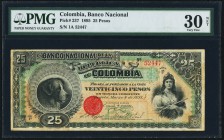 Colombia Banco Nacional de Colombia 25 Pesos 4.3.1895 Pick 237 PMG Very Fine 30 Net. A handsome and popular banknote, with interesting engravings and ...